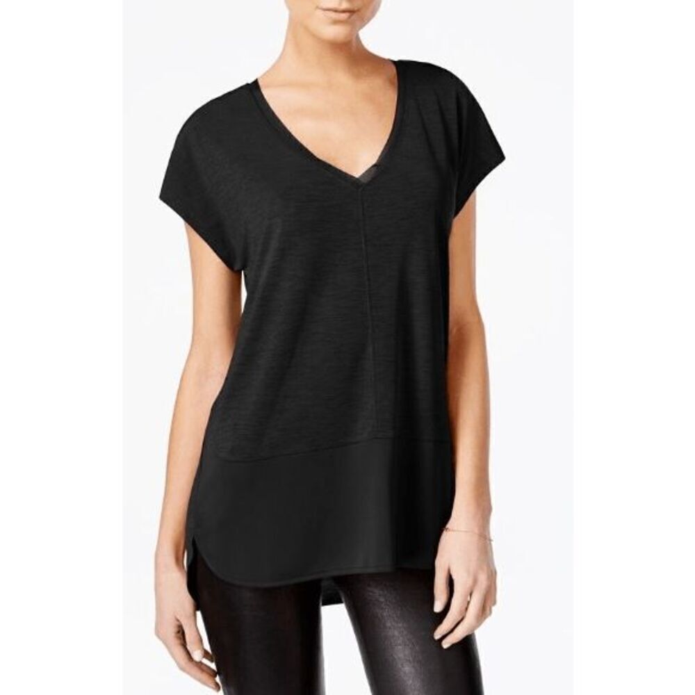 Bar III Women's V-Neck Mixed-Media Mesh Top Black PS